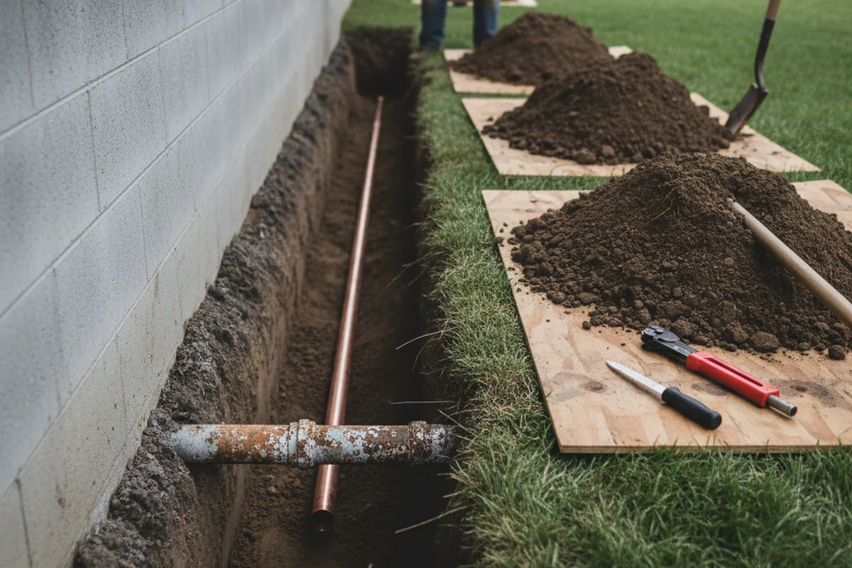 Excavated water line trench during Sewer Line Repair in Coventry